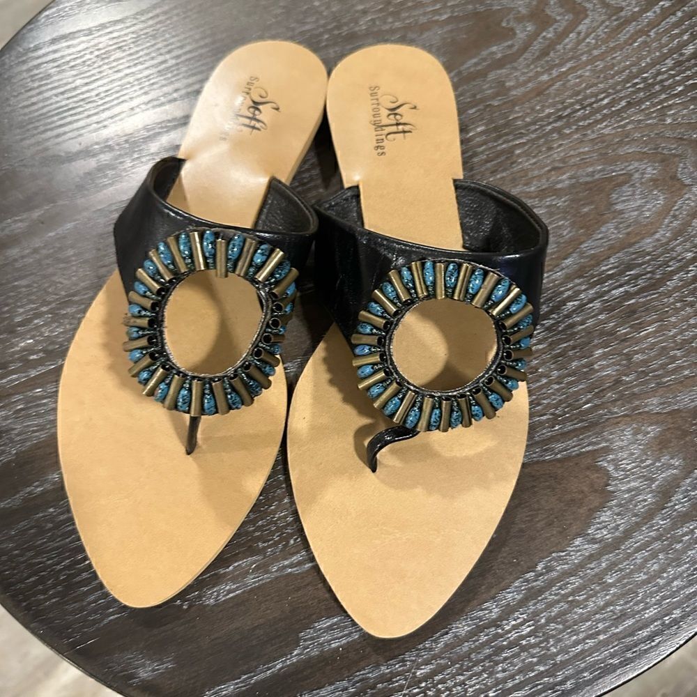 Soft Surroundings Turquoise Leather Black Sandal size 6 NWT